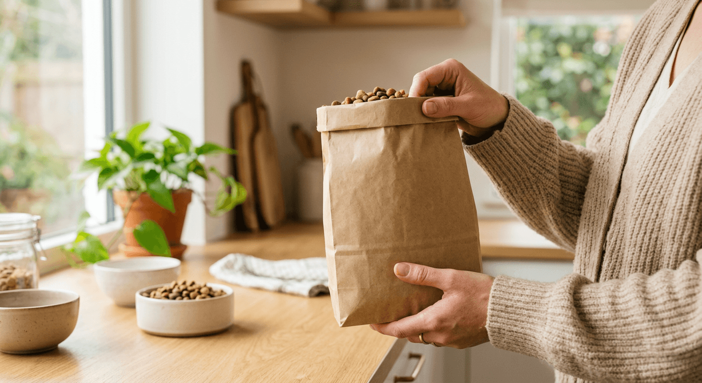 Person reading a pet food bag in a kitchen