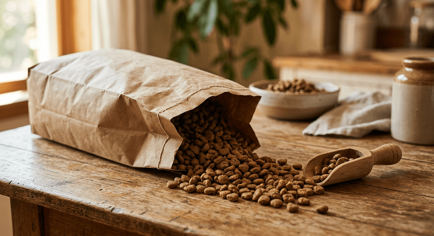 002 Pet food bag tipped over with dry kibble spilling onto a wooden table