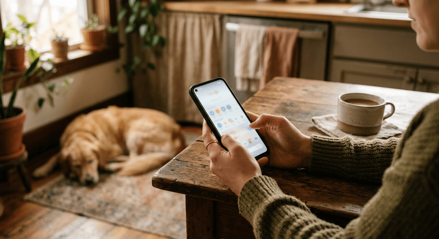 003 Person checking a smartphone at a kitchen table with a dog resting nearby