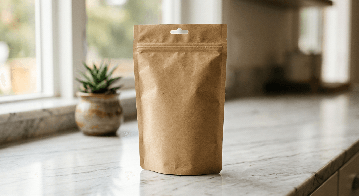 Plain pet food pouch on a marble kitchen counter