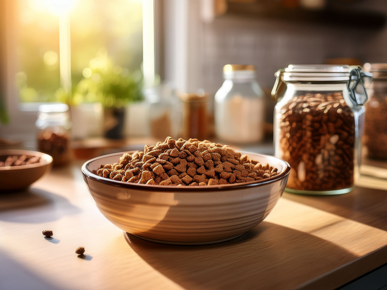 005 A bowl of dry kibble on a kitchen counter with jars of ingredients behind