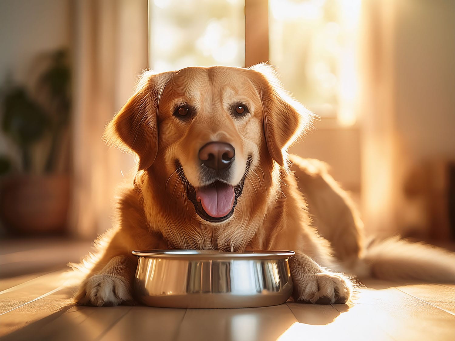 A golden retriever with a food bowl in a sunlit home