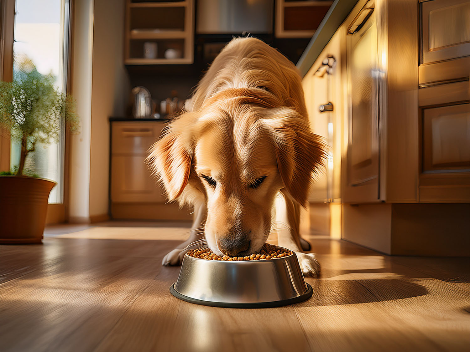 007 A golden retriever eating from a bowl in a bright kitchen