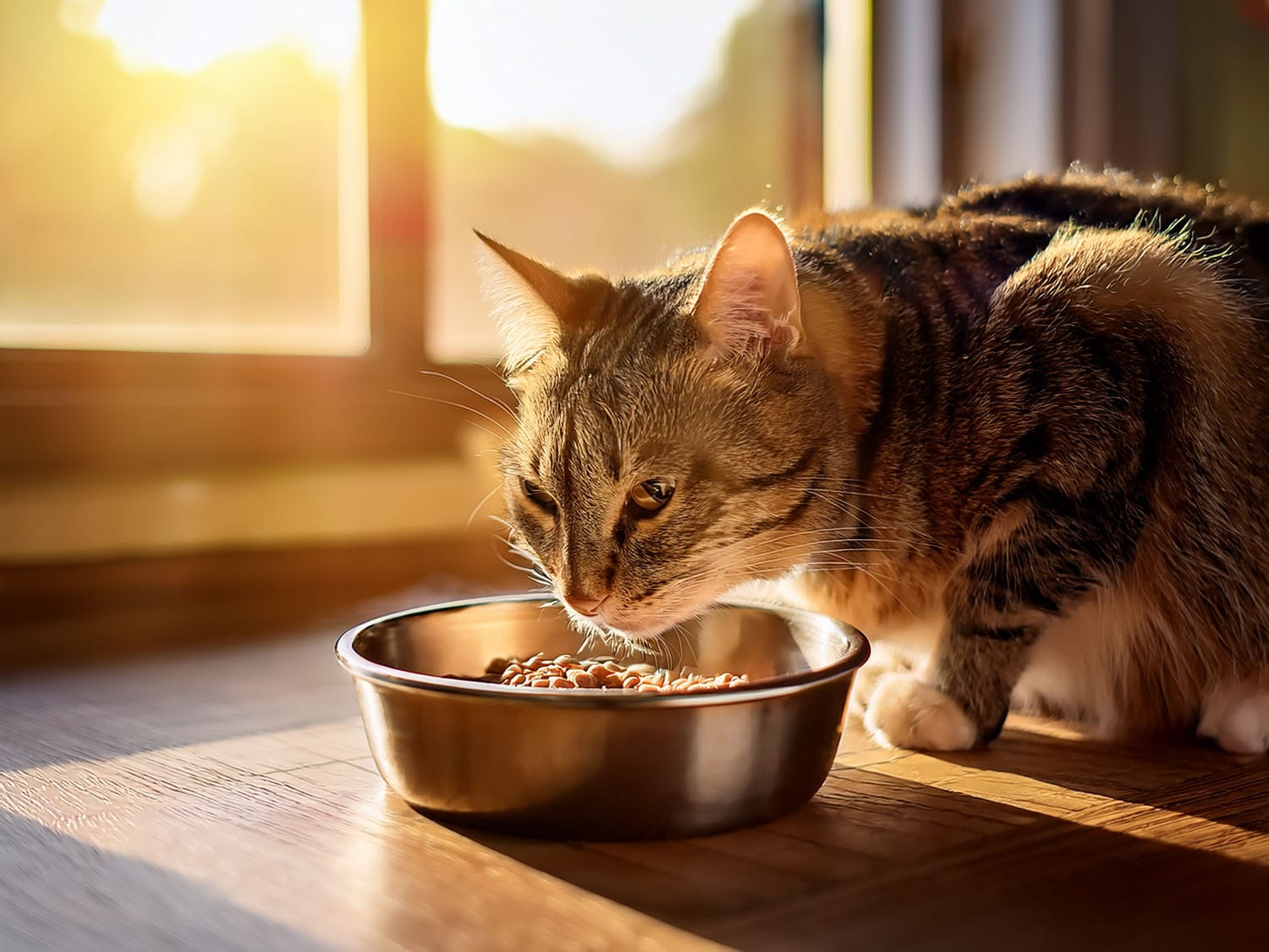 A tabby cat eating from a bowl by a window