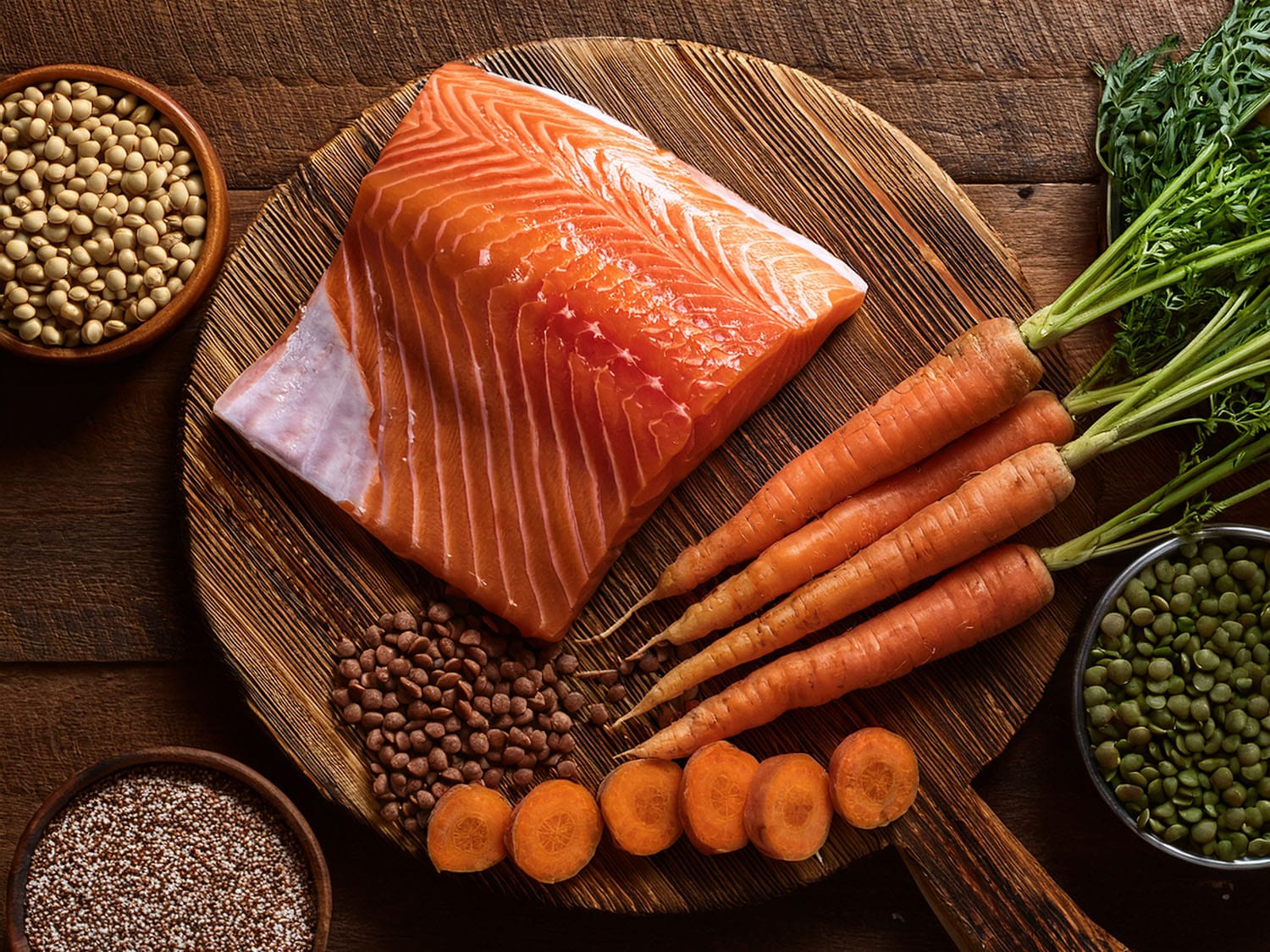 Fresh pet food ingredients including salmon, carrots and grains on a board