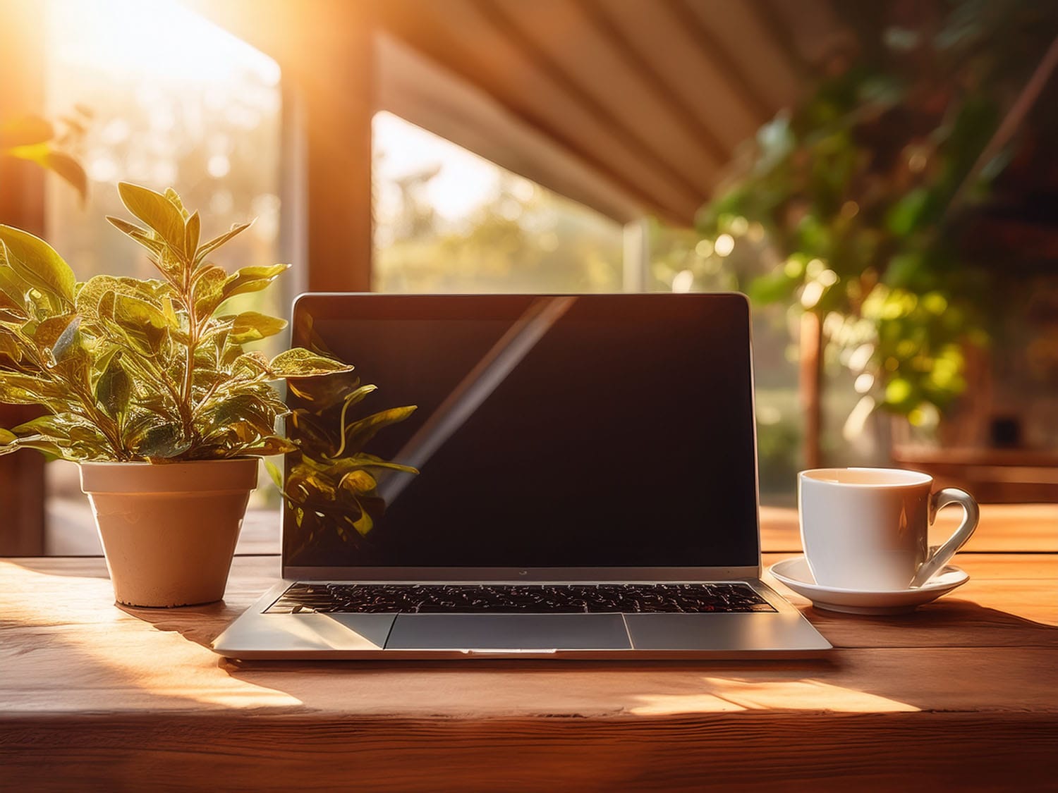 A laptop on a desk with a coffee mug and plant