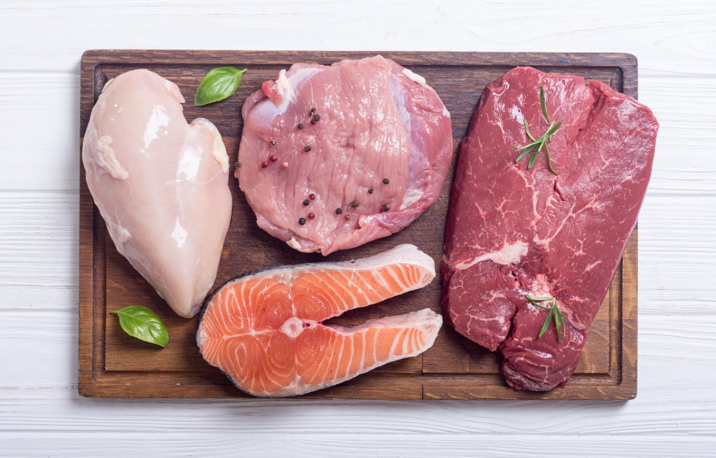 beef-chicken-fish-protein Fresh salmon, beef, pork and chicken protein sources