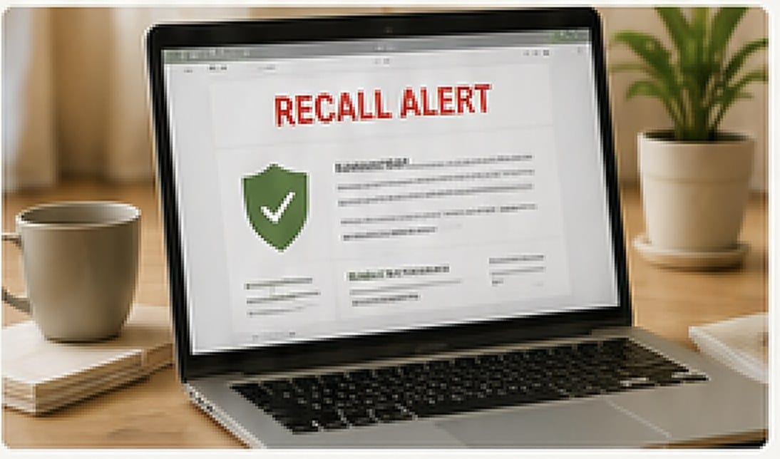 Laptop showing a pet food recall alert